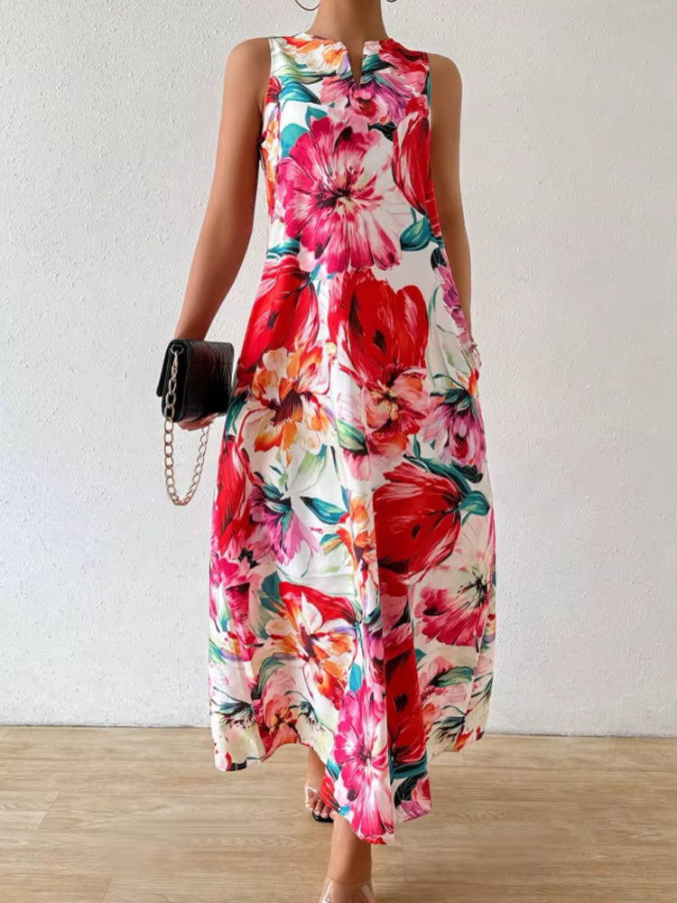 Casual Floral Print Lightweight Breathable V-Neck Sleeveless Maxi Dress