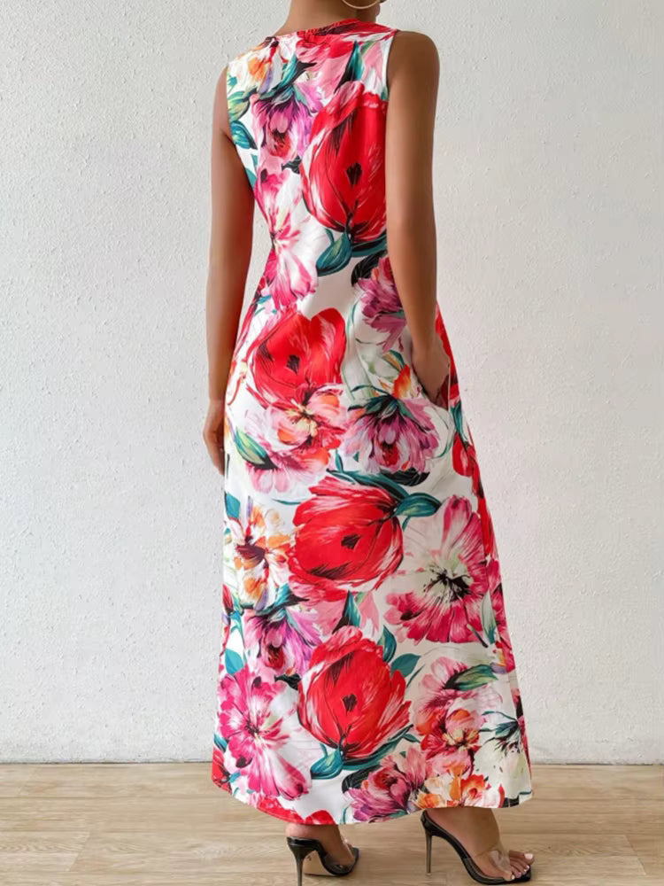 Casual Floral Print Lightweight Breathable V-Neck Sleeveless Maxi Dress