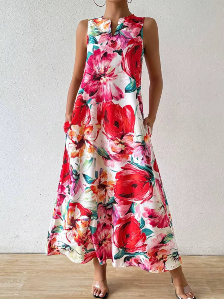 Casual Floral Print Lightweight Breathable V-Neck Sleeveless Maxi Dress
