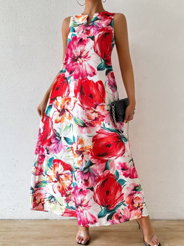 Casual Floral Print Lightweight Breathable V-Neck Sleeveless Maxi Dress