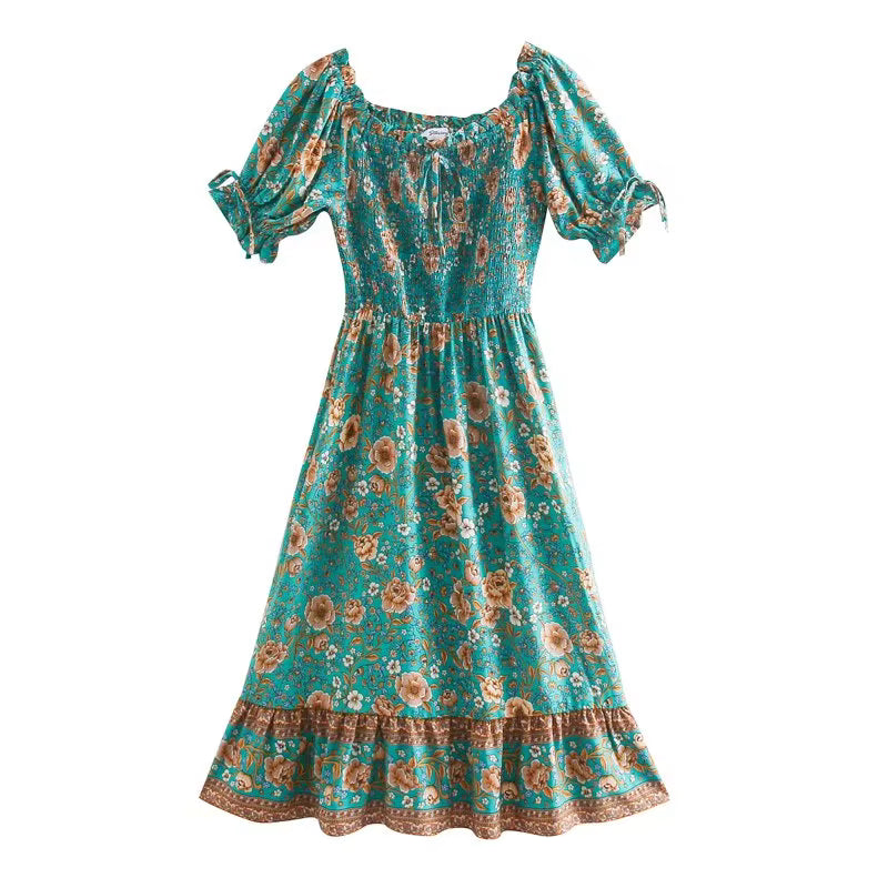 Casual Floral Print Off Shoulder Short Sleeve Beach Bohemian Midi Dresses