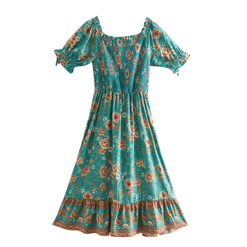 Casual Floral Print Off Shoulder Short Sleeve Beach Bohemian Midi Dresses