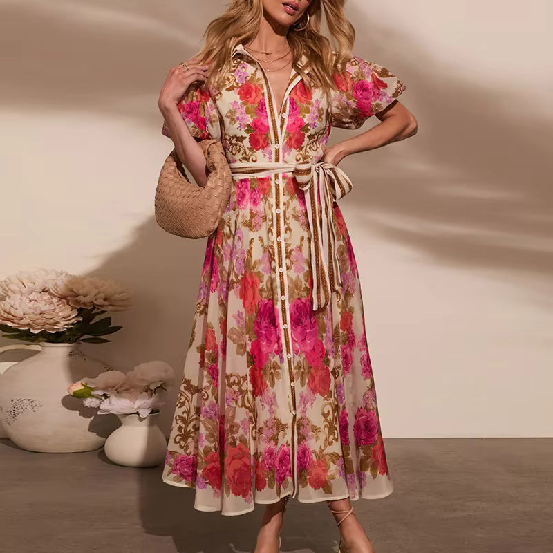 Casual Floral Print Single Breasted Bohemian Lace-up Long Shirts Dress