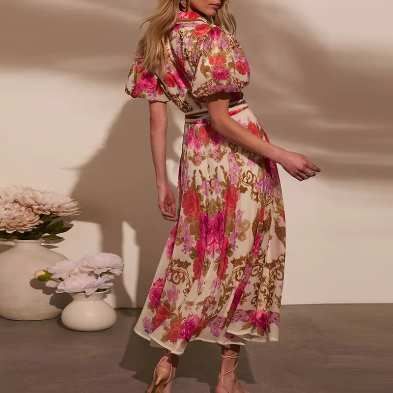 Casual Floral Print Single Breasted Bohemian Lace-up Long Shirts Dress