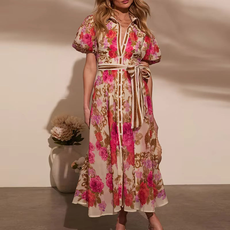 Casual Floral Print Single Breasted Bohemian Lace-up Long Shirts Dress