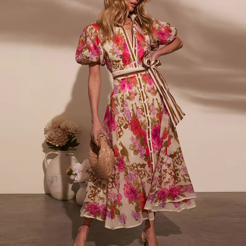 Casual Floral Print Single Breasted Bohemian Lace-up Long Shirts Dress