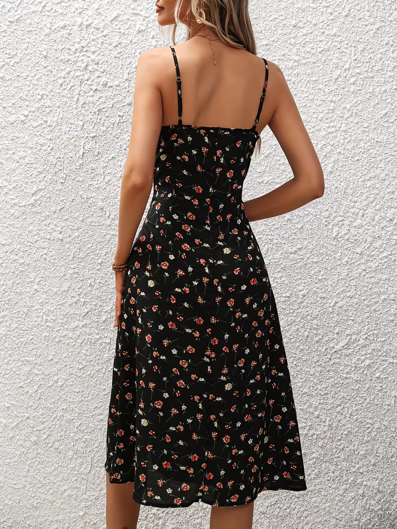 Casual Floral Print Sleeveless Spaghetti Straps Slit Midi Dress