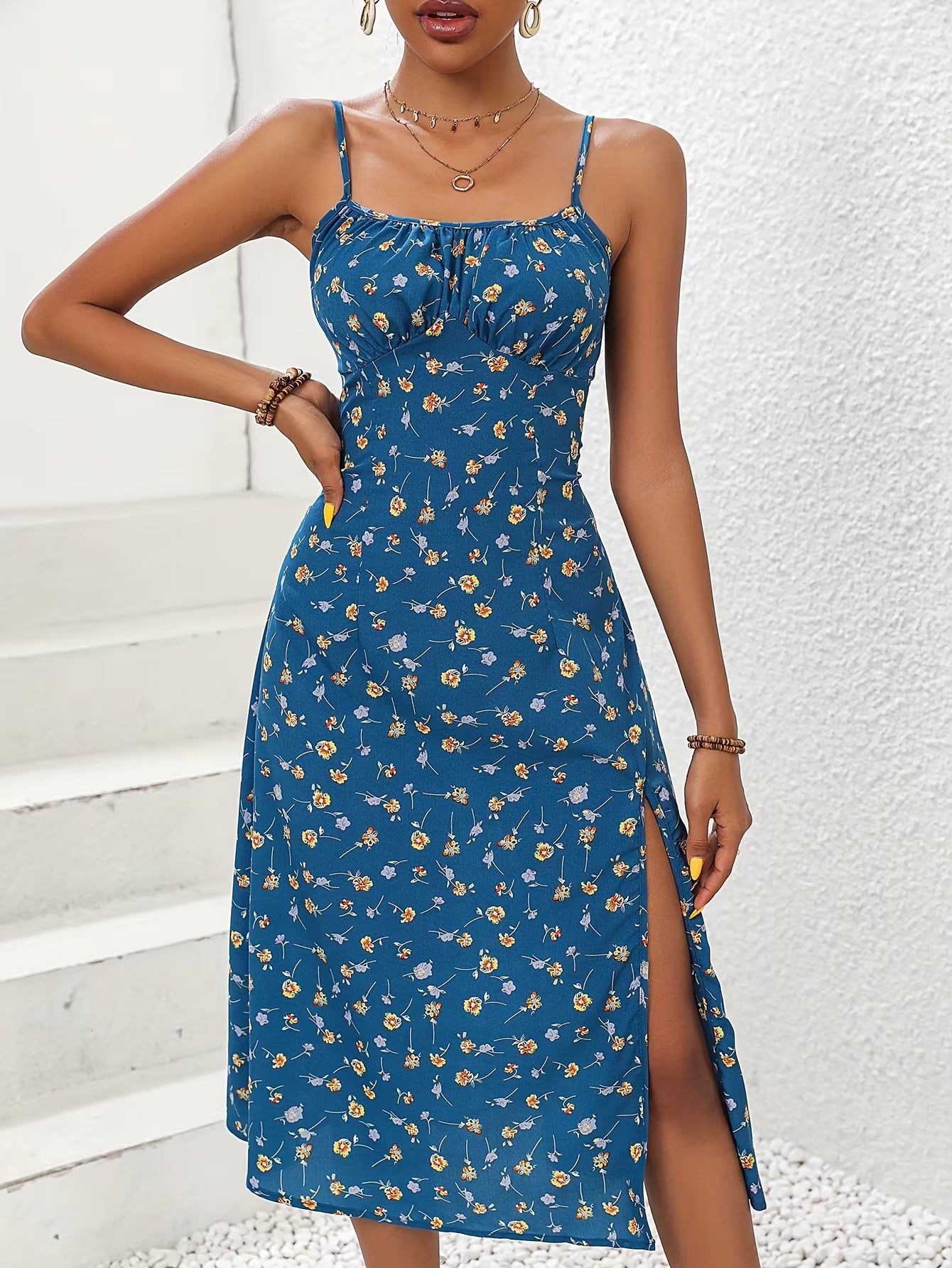 Casual Floral Print Sleeveless Spaghetti Straps Slit Midi Dress