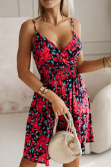 Casual Floral Print Spaghetti Strap Sling Wrap Pleated Dresses