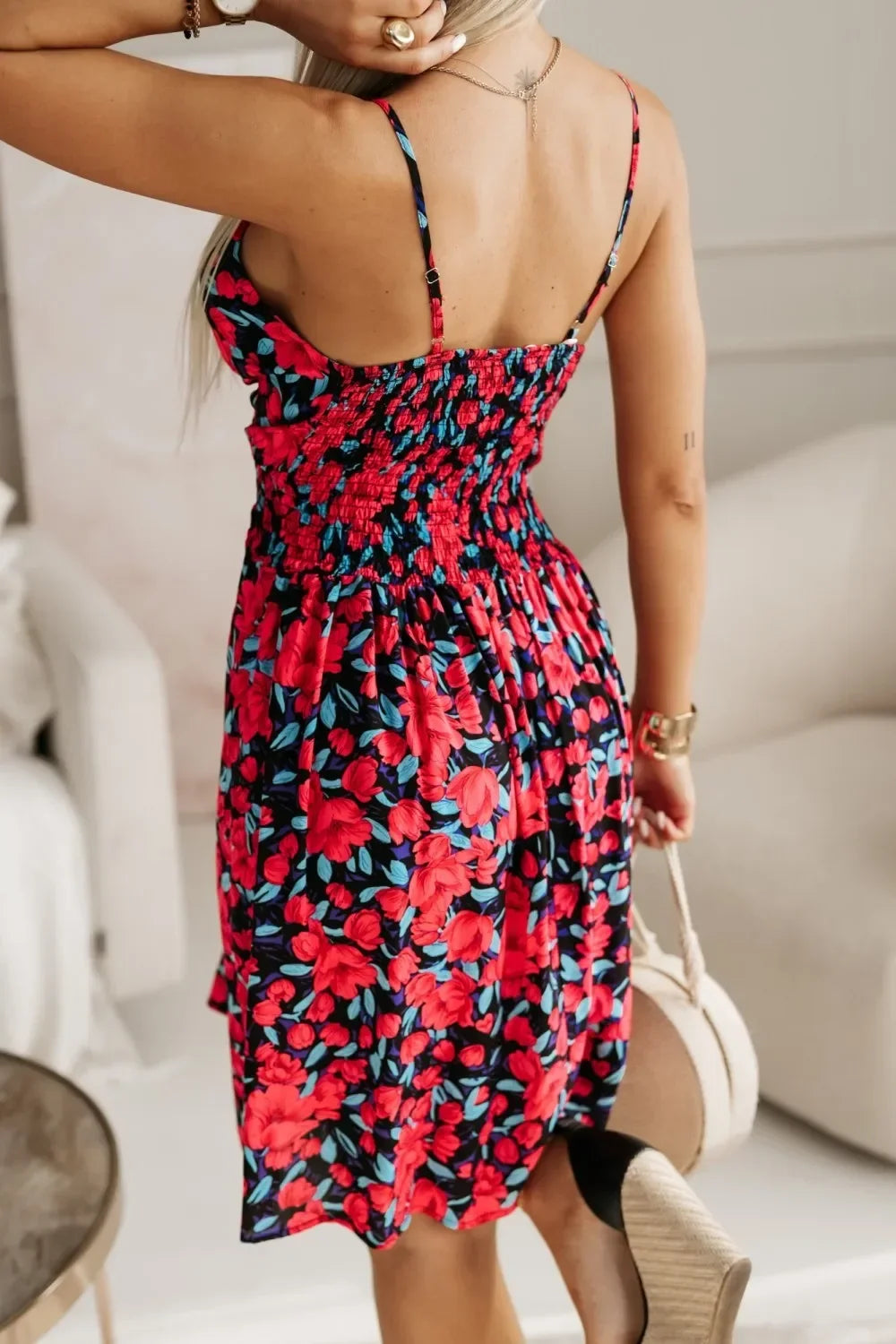 Casual Floral Print Spaghetti Strap Sling Wrap Pleated Dresses