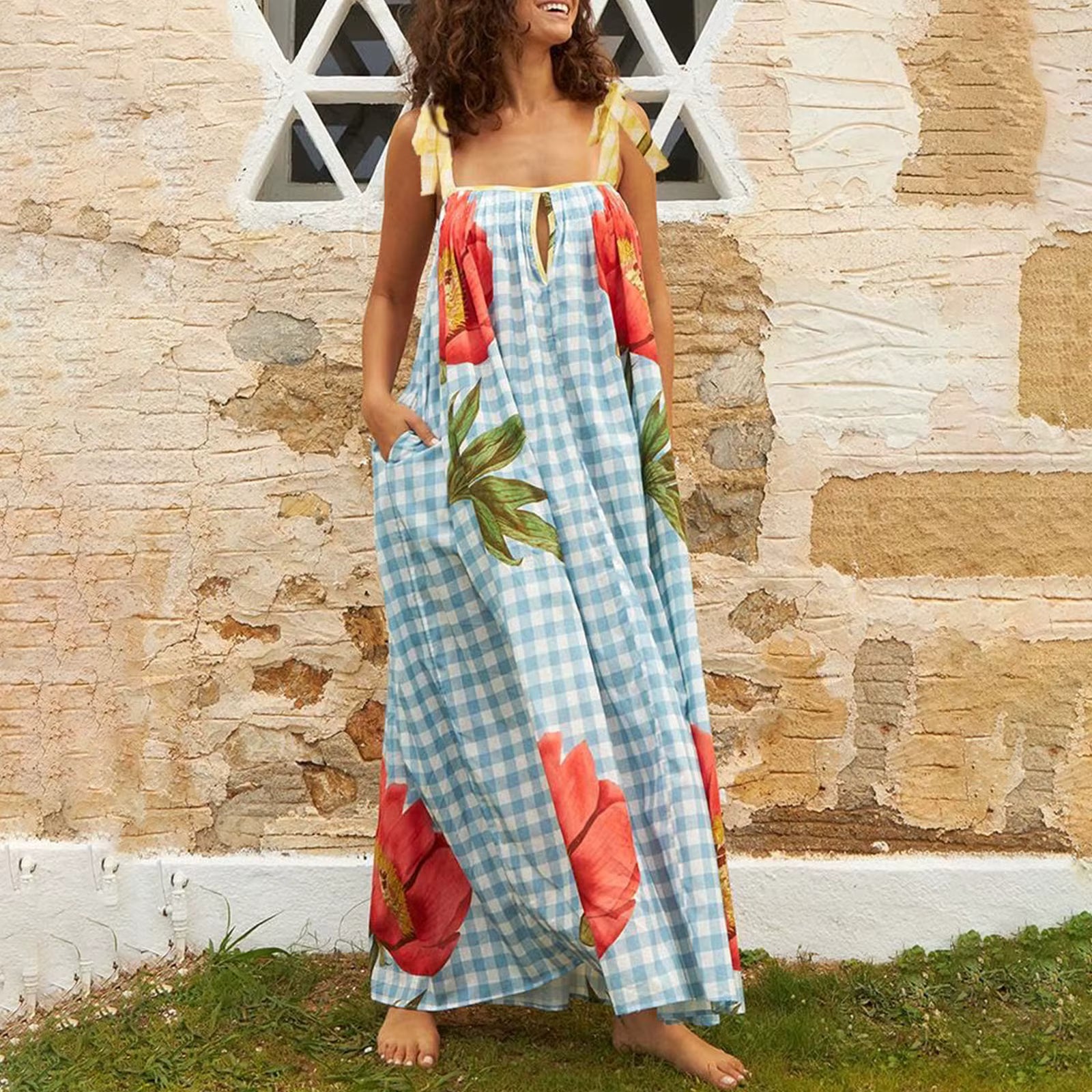 Casual Floral Print Square Collar Print Loose Floor-Length Maxi Dress