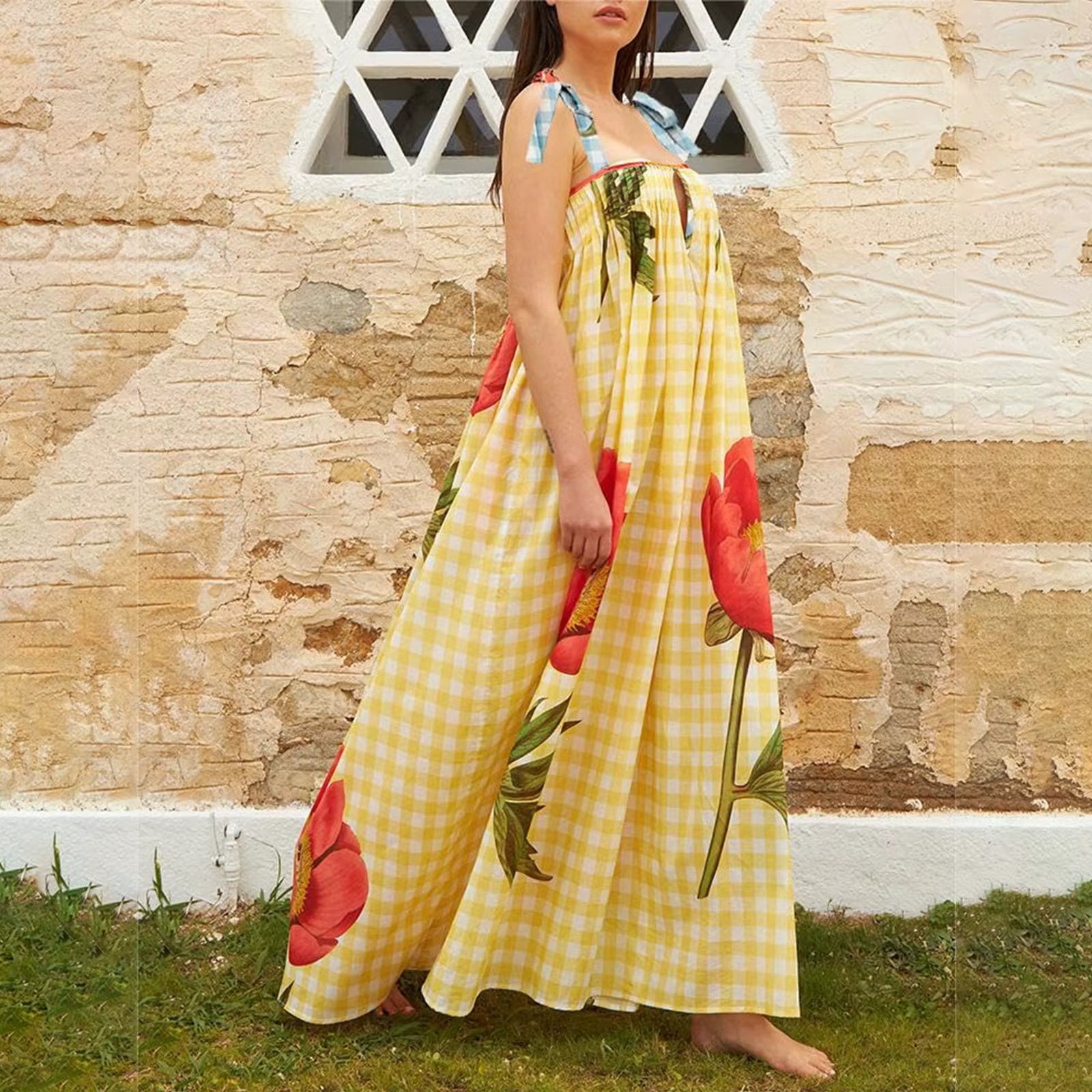 Casual Floral Print Square Collar Print Loose Floor-Length Maxi Dress