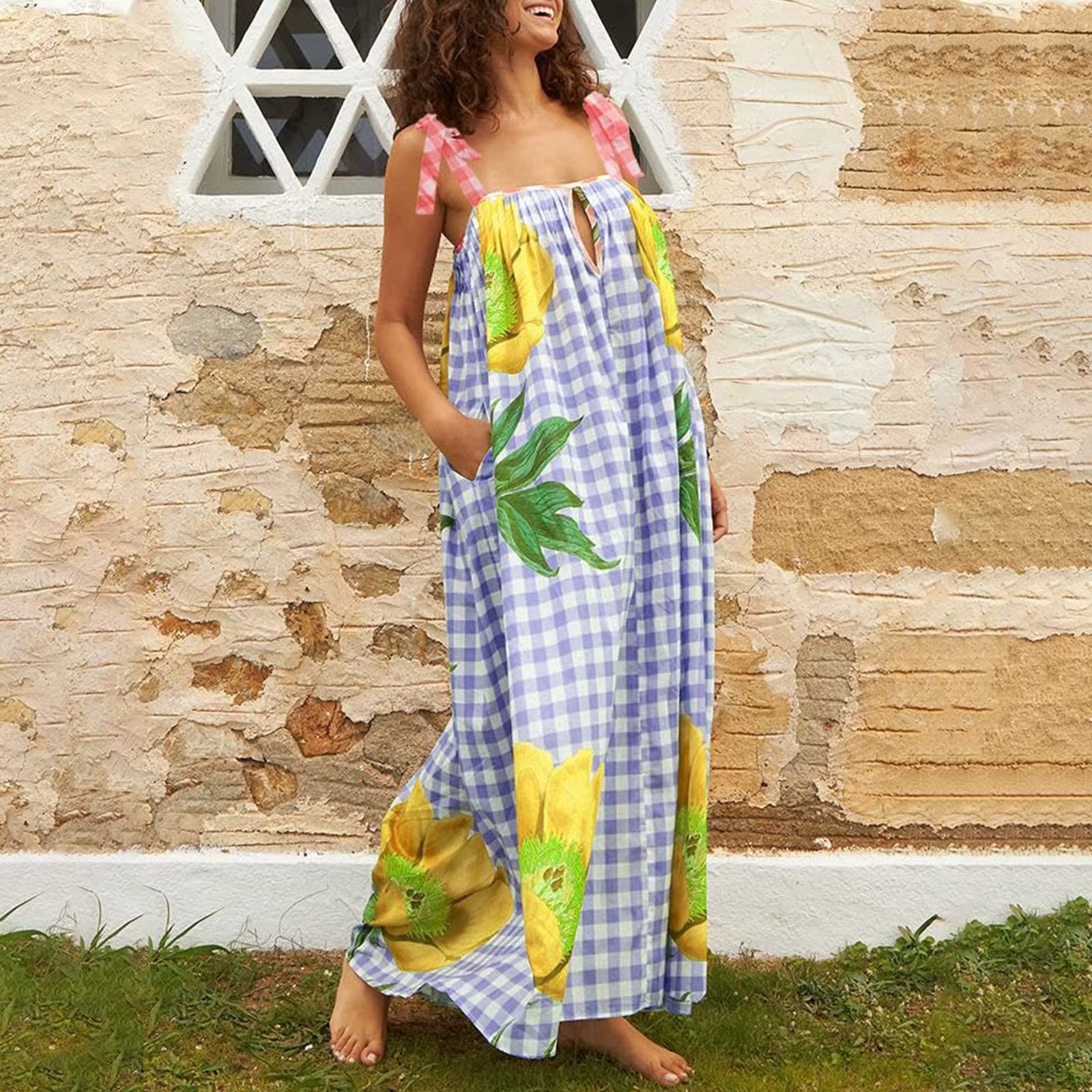 Casual Floral Print Square Collar Print Loose Floor-Length Maxi Dress