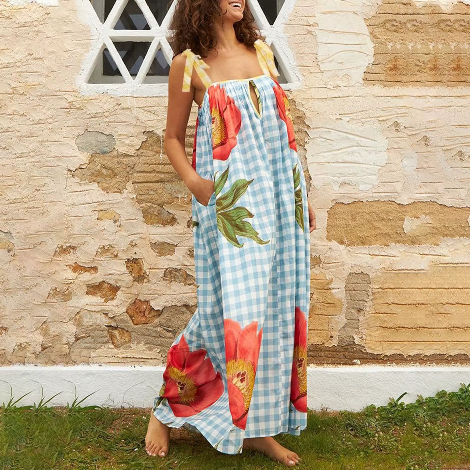 Casual Floral Print Square Collar Print Loose Floor-Length Maxi Dress