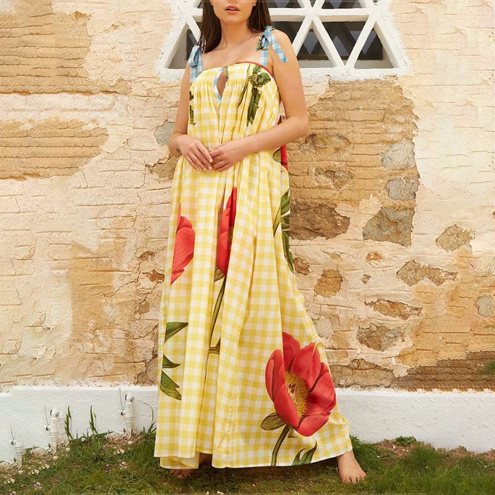 Casual Floral Print Square Collar Print Loose Floor-Length Maxi Dress