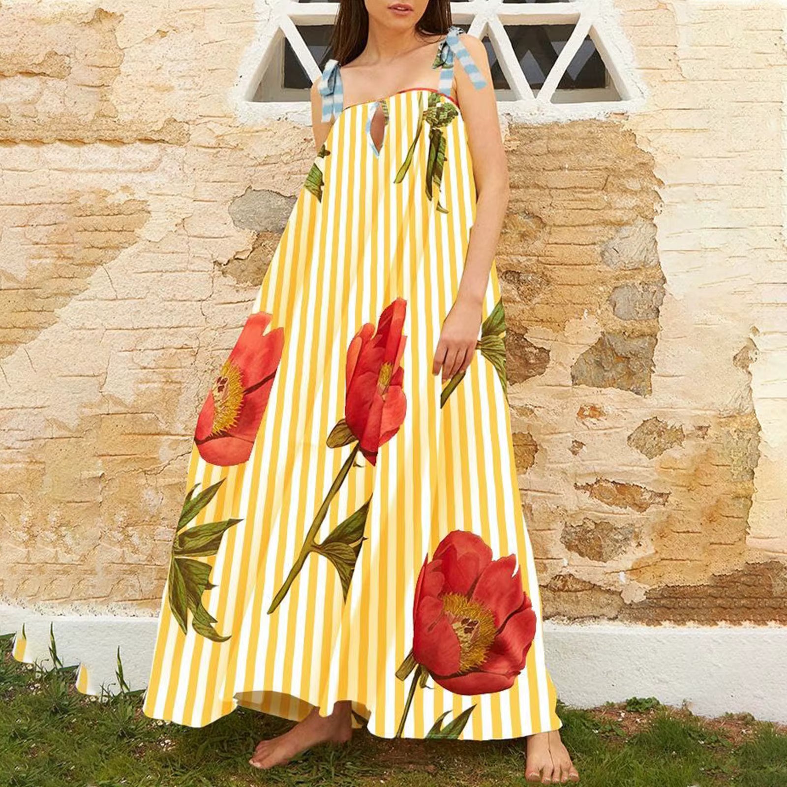 Casual Floral Print Square Collar Print Loose Floor-Length Maxi Dress