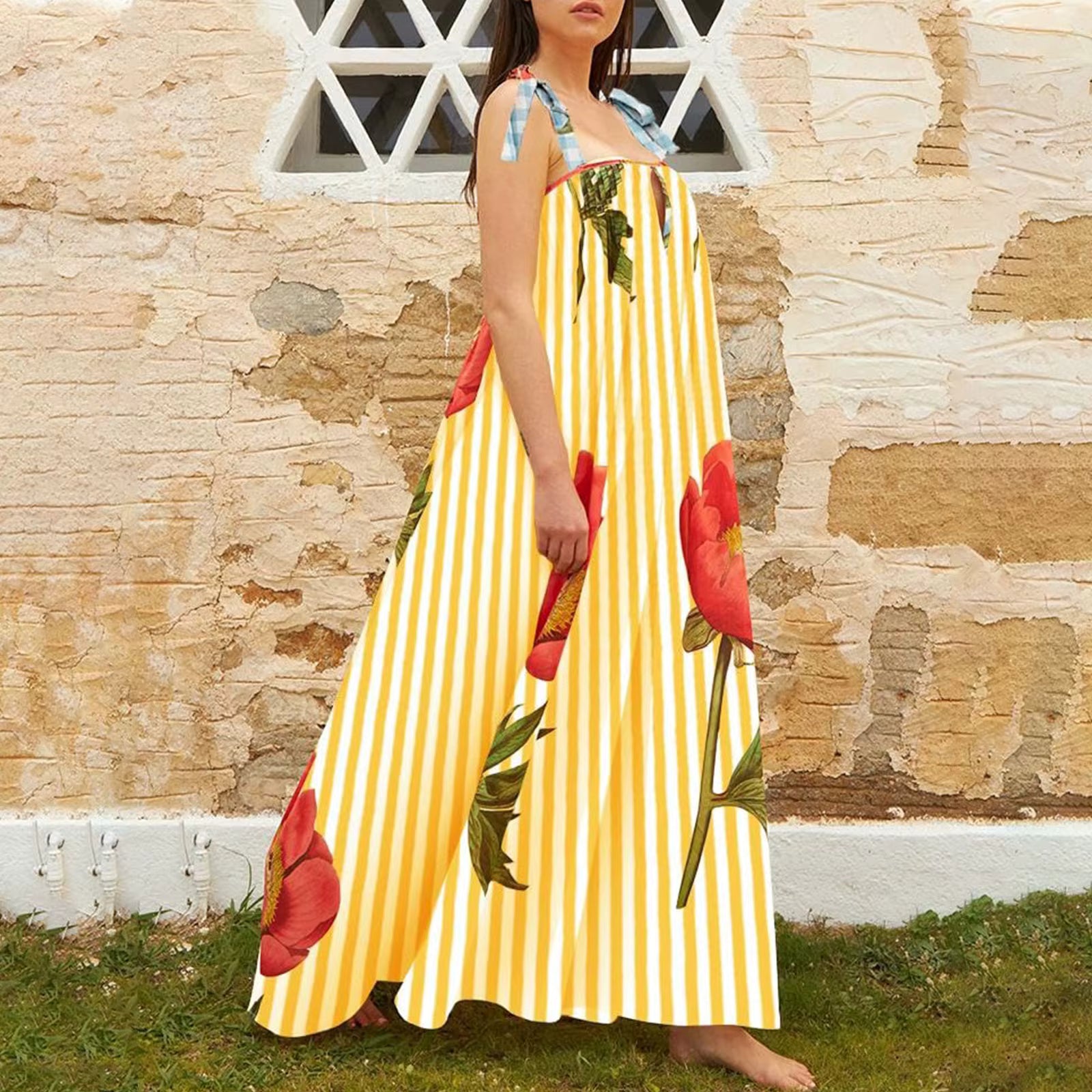 Casual Floral Print Square Collar Print Loose Floor-Length Maxi Dress