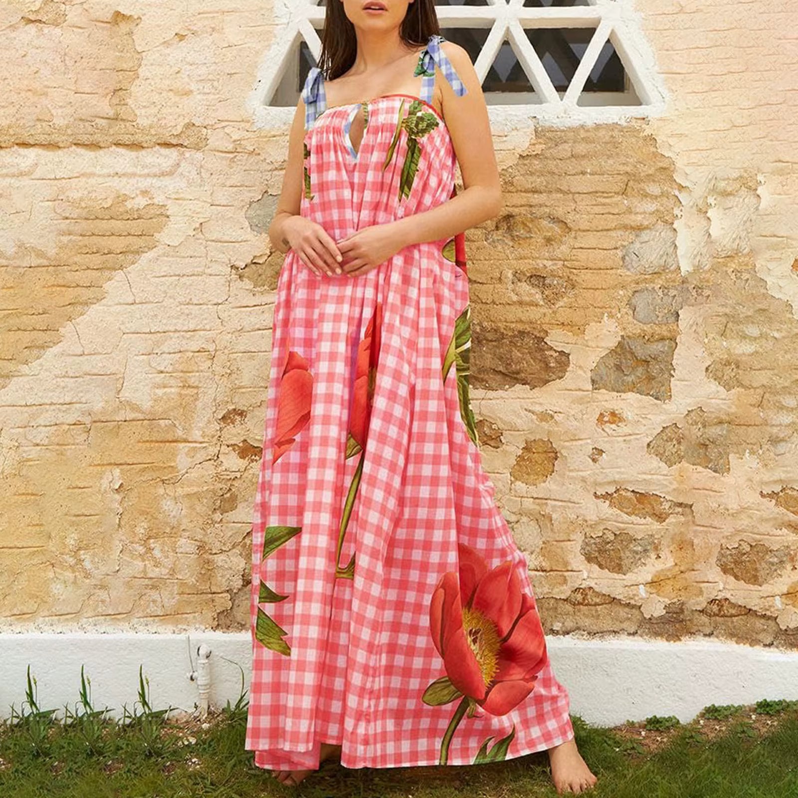 Casual Floral Print Square Collar Print Loose Floor-Length Maxi Dress