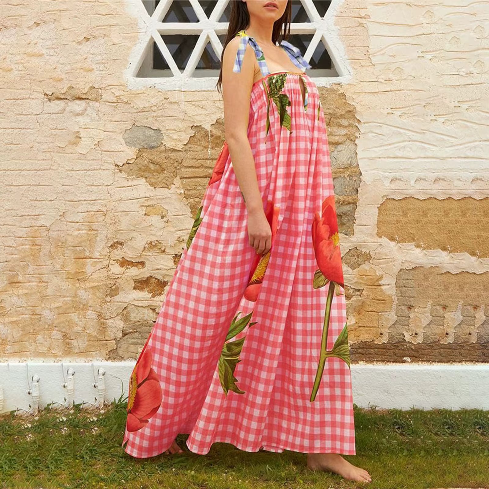 Casual Floral Print Square Collar Print Loose Floor-Length Maxi Dress