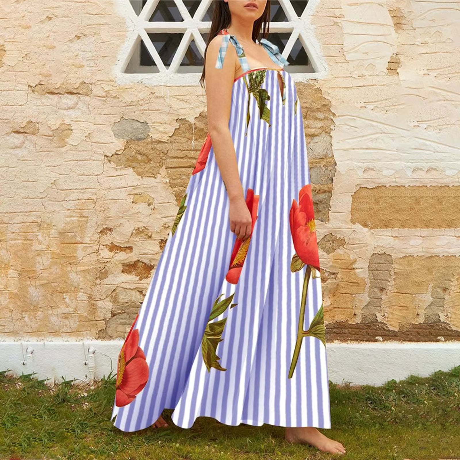 Casual Floral Print Square Collar Print Loose Floor-Length Maxi Dress