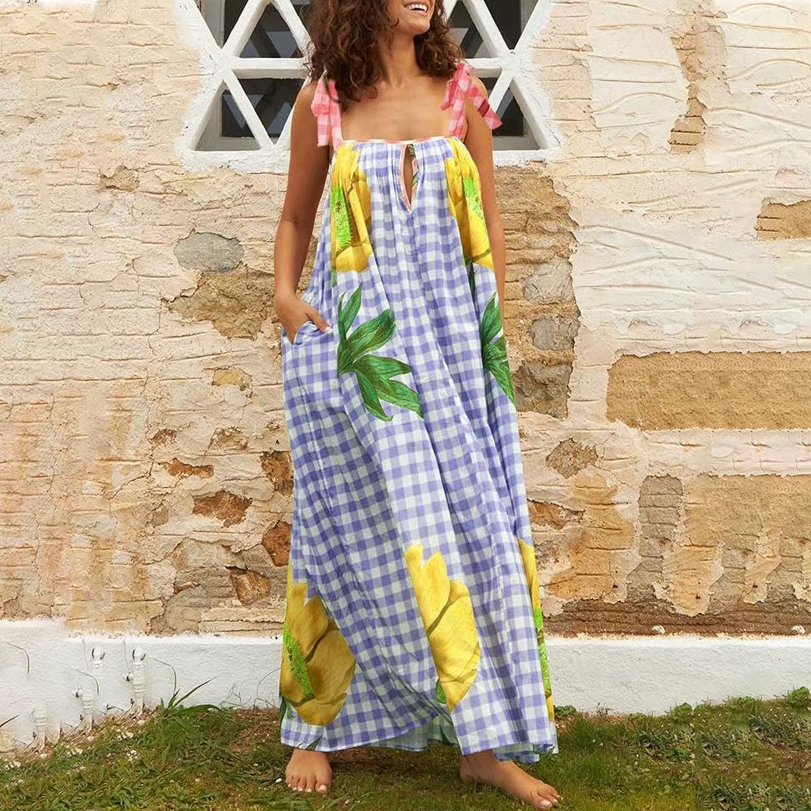 Casual Floral Print Square Collar Print Loose Floor-Length Maxi Dress