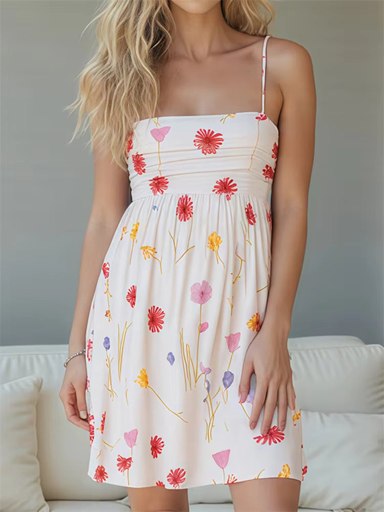 Casual Floral Print Tie Up Bow Sleeveless Strap Mini Dress
