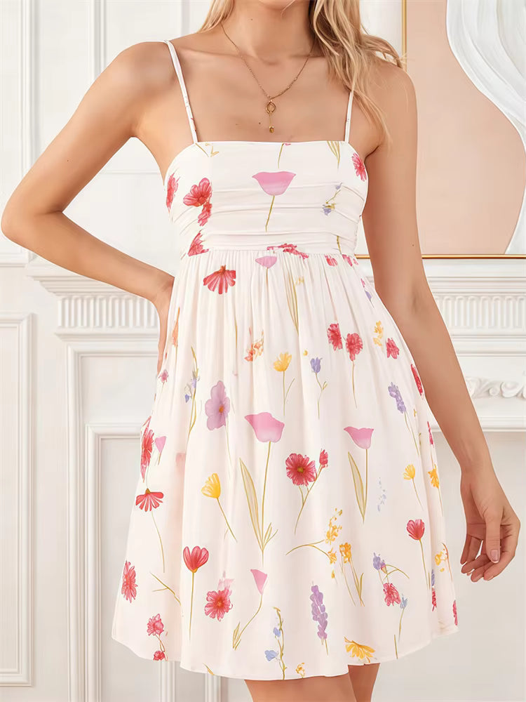 Casual Floral Print Tie Up Bow Sleeveless Strap Mini Dress