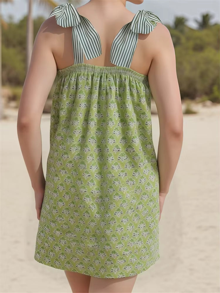 Casual Floral Print Tie Up Strap Sleeveless Loose Mini Dress