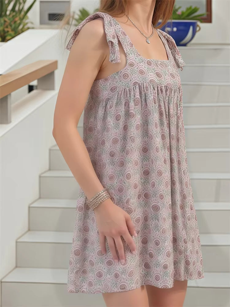 Casual Floral Print Tie up Strap Loose Sleeveless Mini Dress