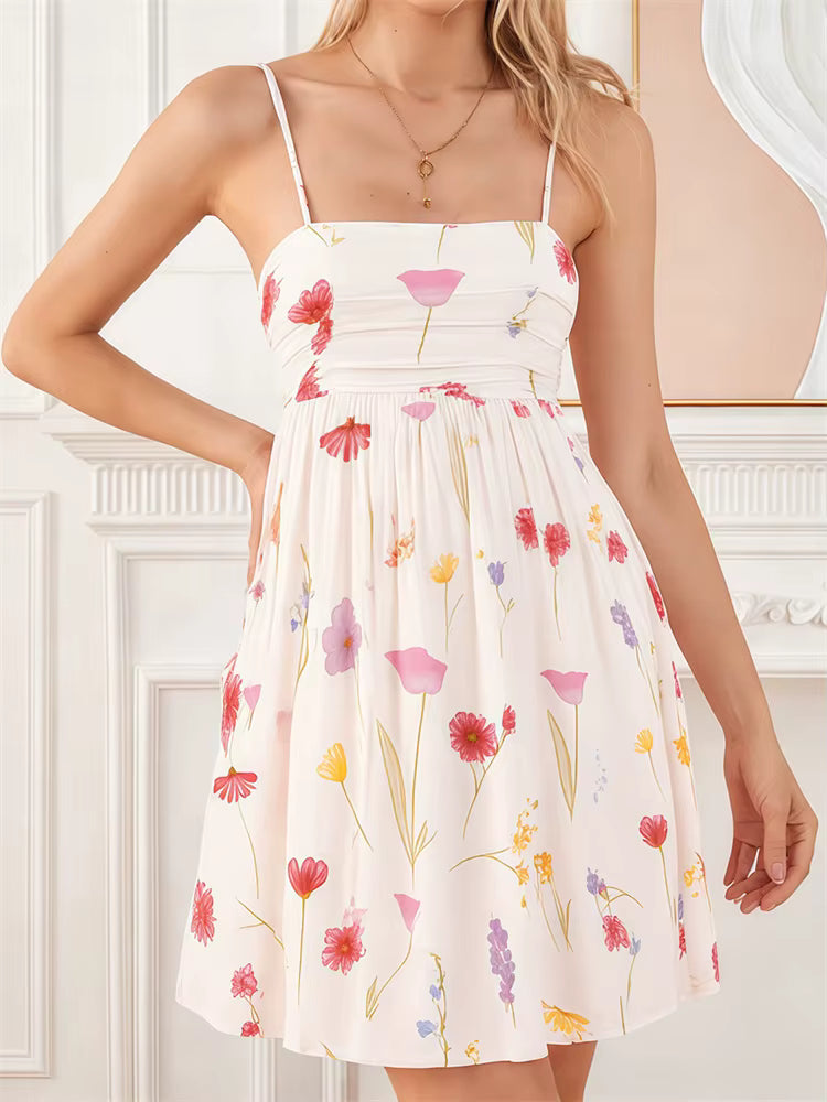 Casual Floral Print Tie up Bow Backless Strap Mini Dress Streetwear