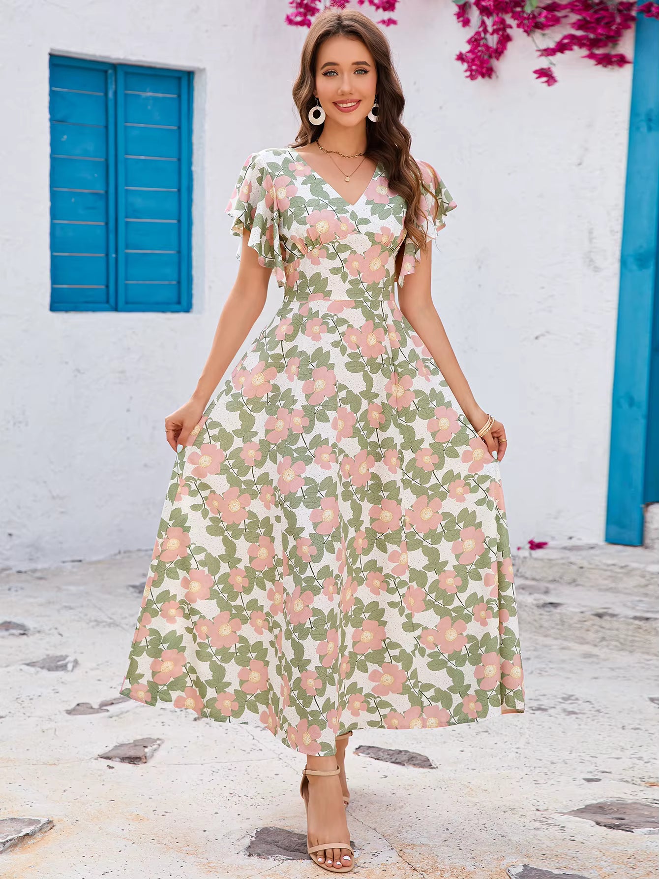 Casual Floral Print V-neck Ruffled Short Sleeve Slim-fit Swing Maxi Dress