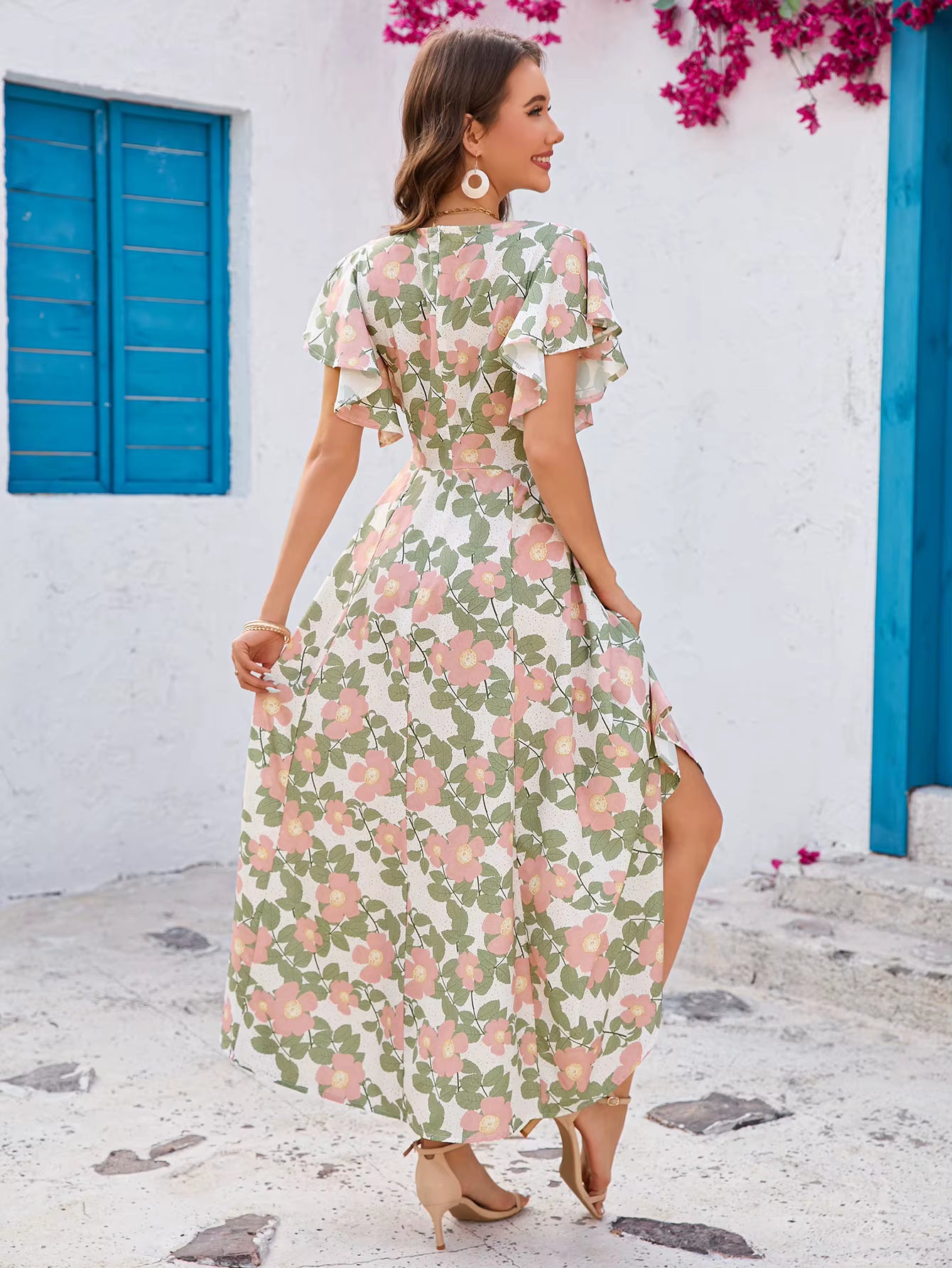 Casual Floral Print V-neck Ruffled Short Sleeve Slim-fit Swing Maxi Dress