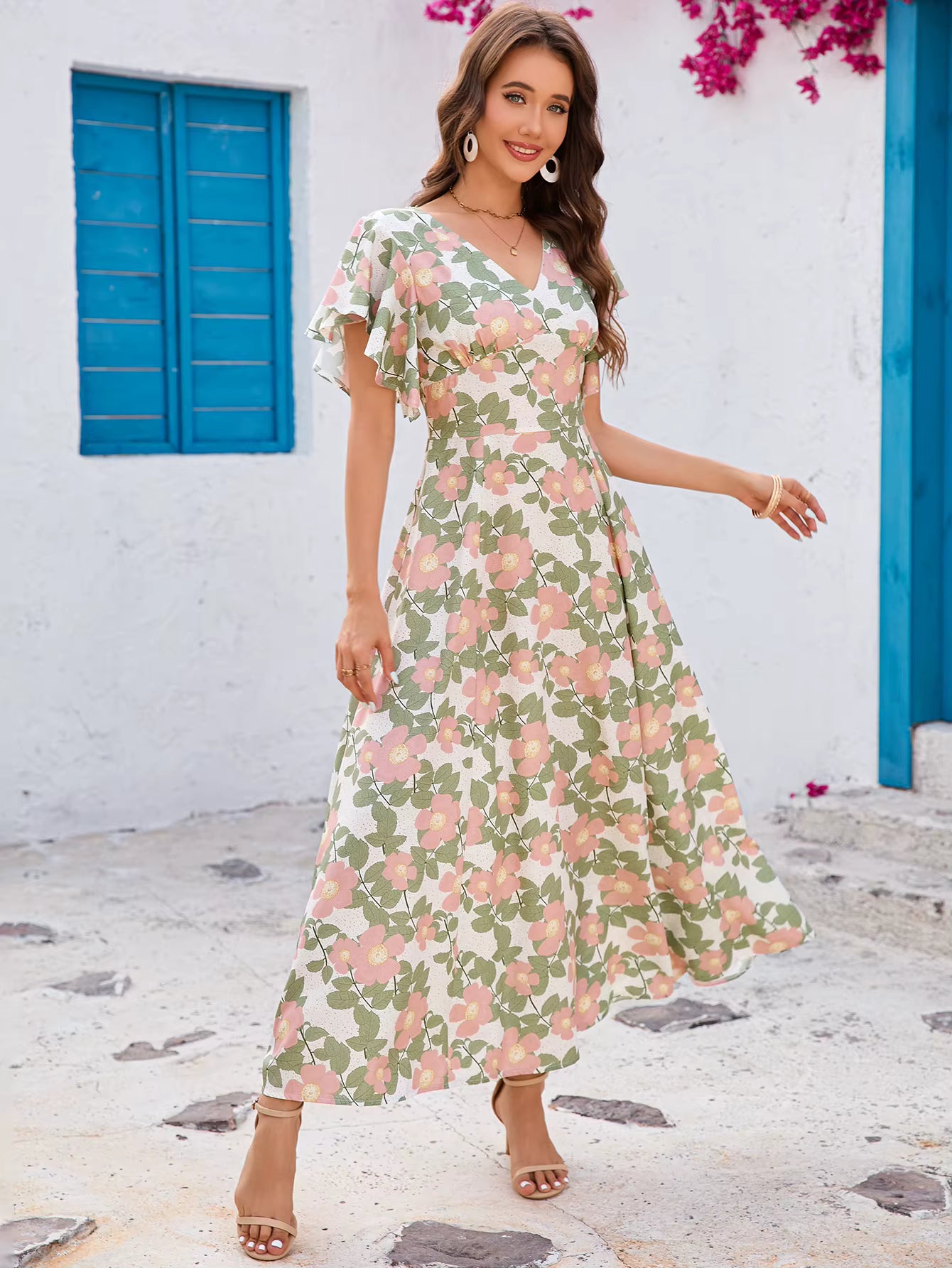 Casual Floral Print V-neck Ruffled Short Sleeve Slim-fit Swing Maxi Dress