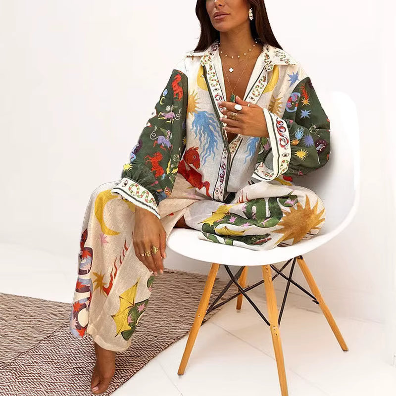 Casual Floral Printed Blouse Shirt And Wide Leg Waist Pants Loose 2 Piece Suit