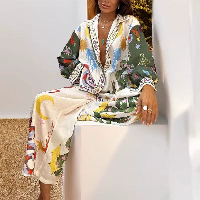 Casual Floral Printed Blouse Shirt And Wide Leg Waist Pants Loose 2 Piece Suit