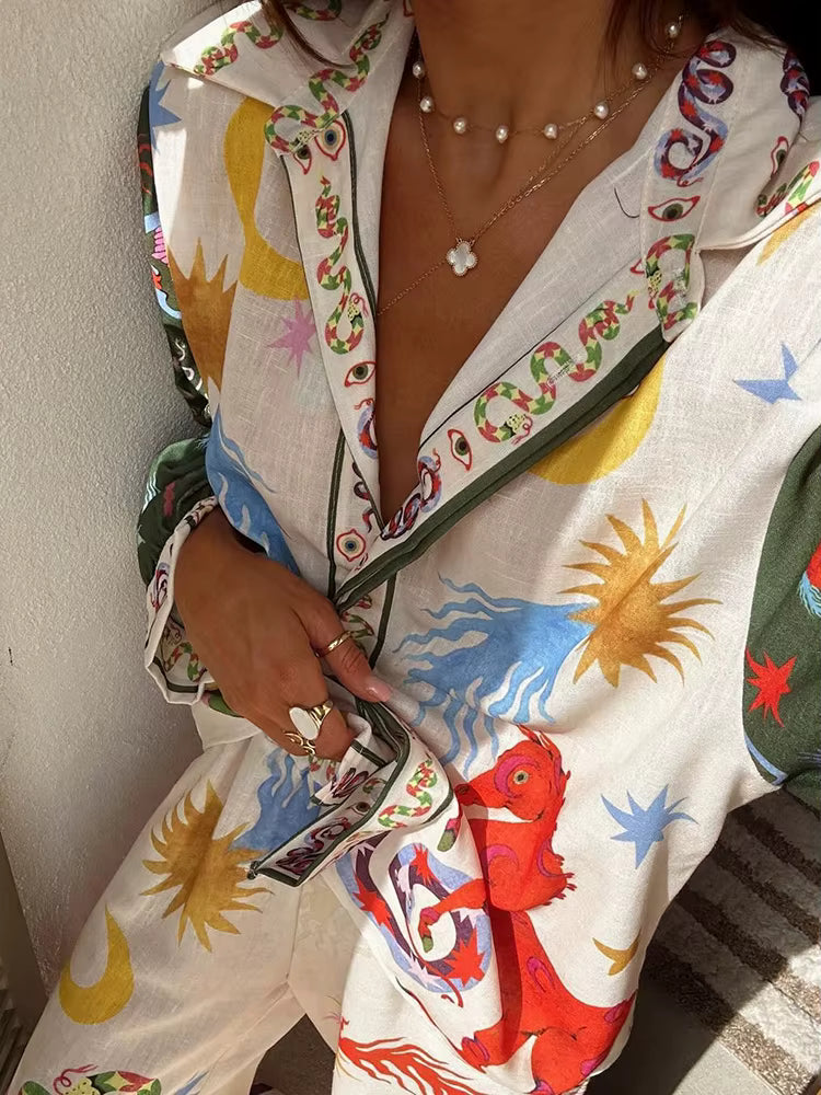 Casual Floral Printed Blouse Shirt And Wide Leg Waist Pants Loose 2 Piece Suit