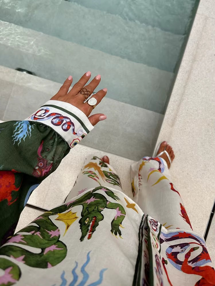 Casual Floral Printed Blouse Shirt And Wide Leg Waist Pants Loose 2 Piece Suit