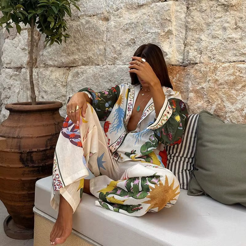 Casual Floral Printed Blouse Shirt And Wide Leg Waist Pants Loose 2 Piece Suit