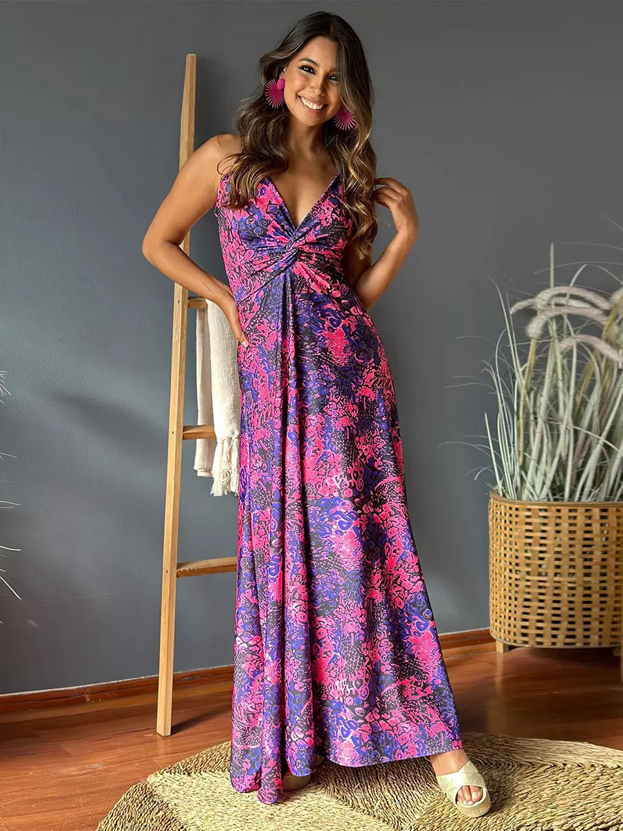 Casual Floral Printed Deep V-neck And Waist-Cinching Maxi Dress