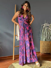 Casual Floral Printed Deep V-neck And Waist-Cinching Maxi Dress
