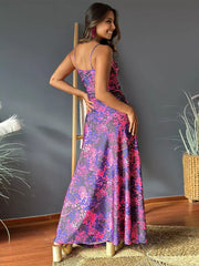 Casual Floral Printed Deep V-neck And Waist-Cinching Maxi Dress
