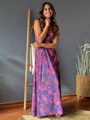 Casual Floral Printed Deep V-neck And Waist-Cinching Maxi Dress