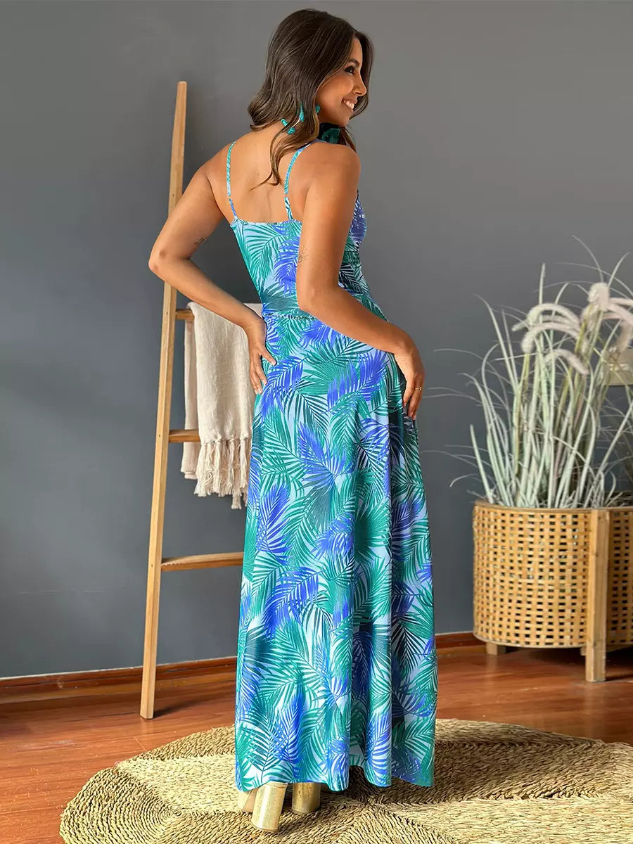 Casual Floral Printed Deep V-neck And Waist-Cinching Maxi Dress