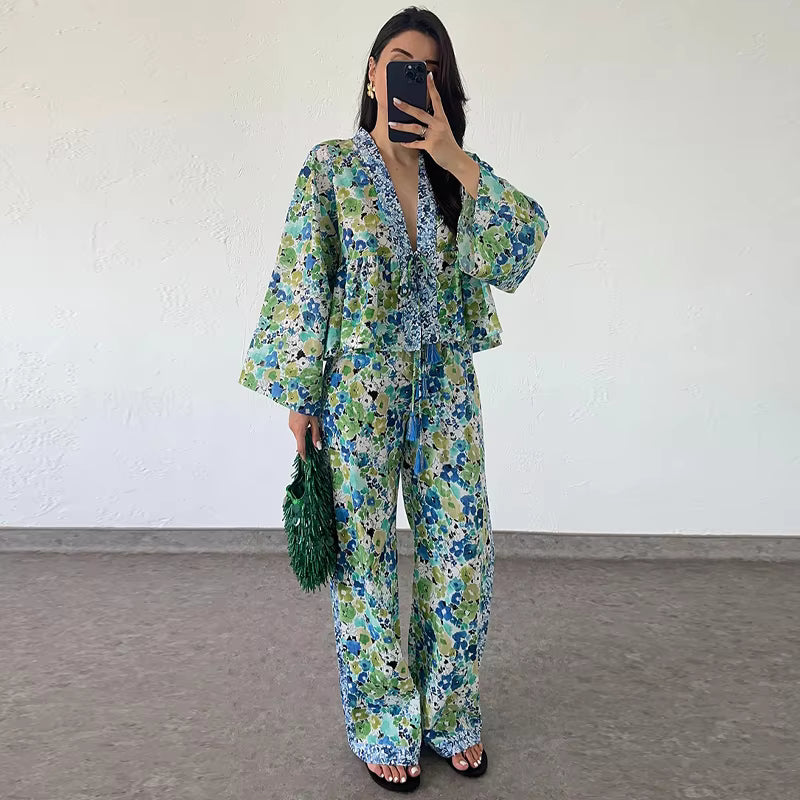 Casual Floral Printed Lace Up Long Sleeve Shirt Loose Wide Leg Trousers 2 Piece Set