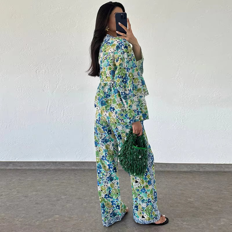 Casual Floral Printed Lace Up Long Sleeve Shirt Loose Wide Leg Trousers 2 Piece Set