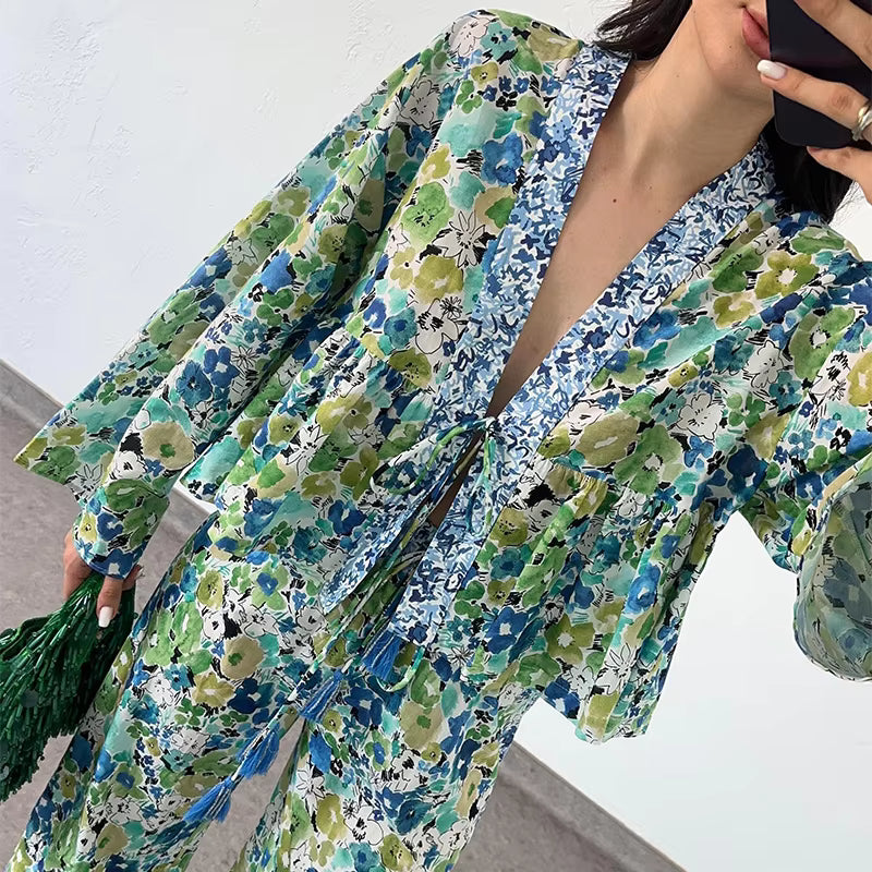 Casual Floral Printed Lace Up Long Sleeve Shirt Loose Wide Leg Trousers 2 Piece Set