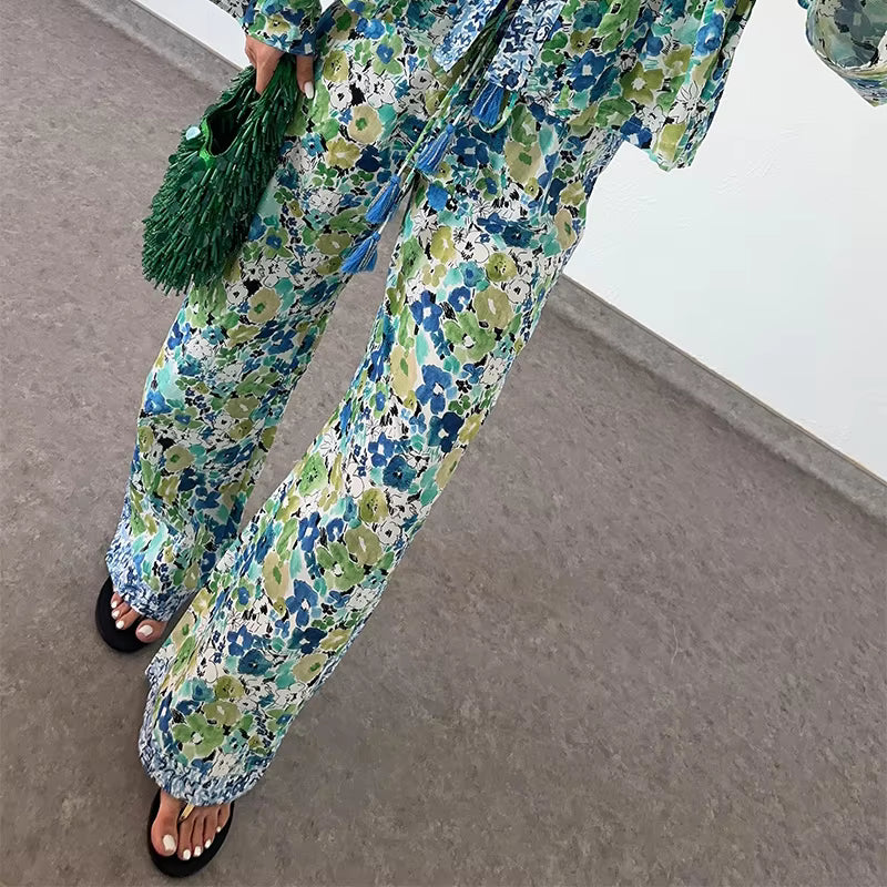 Casual Floral Printed Lace Up Long Sleeve Shirt Loose Wide Leg Trousers 2 Piece Set