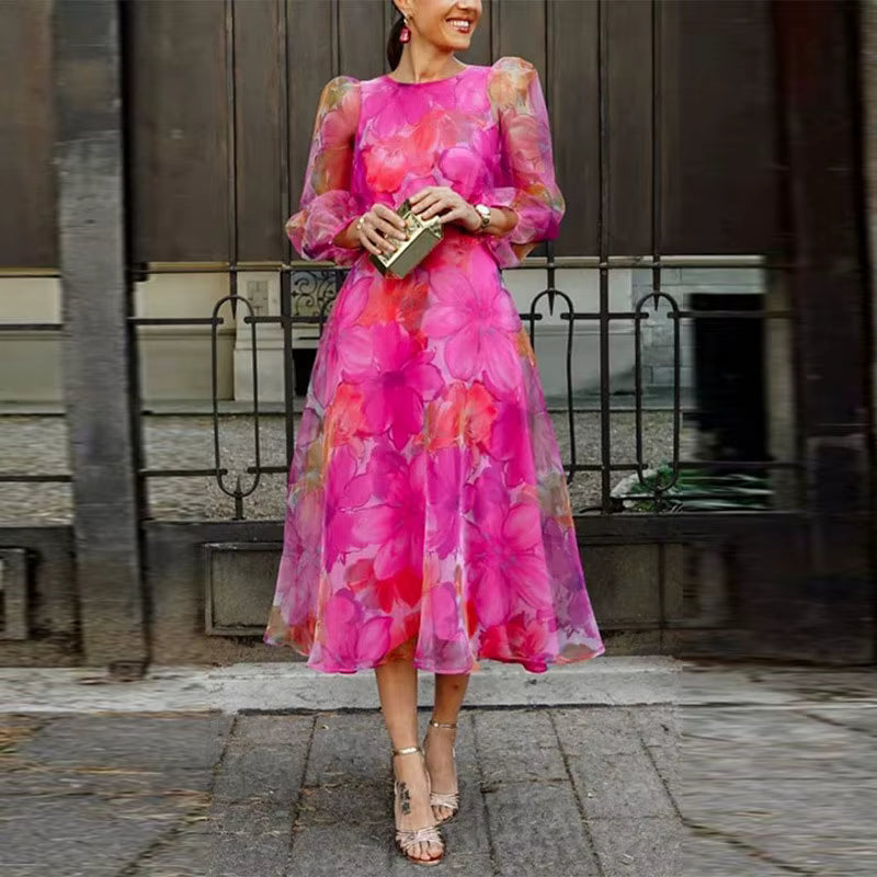Casual Floral Printed O Neck Half Puff Sleeve Swing Evening Party Midi Dress