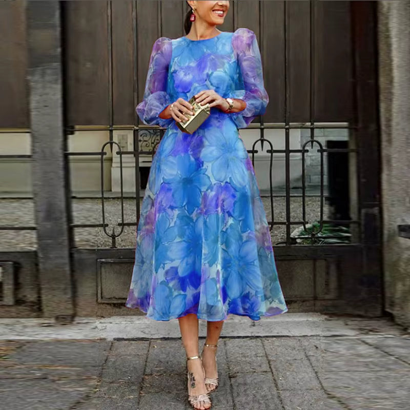 Casual Floral Printed O Neck Half Puff Sleeve Swing Evening Party Midi Dress
