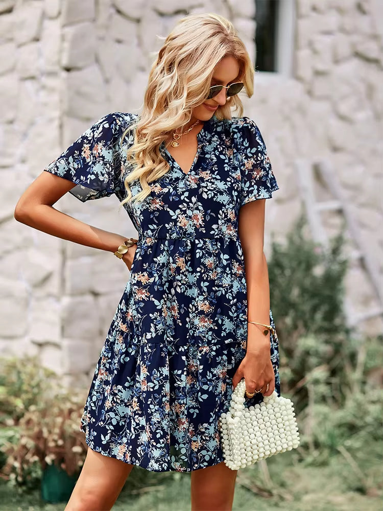 Casual Floral Printed V-Neck Short Sleeve Loose Mini Dress